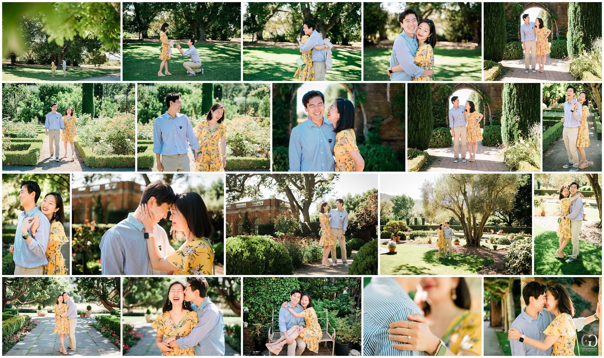 Collage from Jee and Eubene’s surprise proposal and engagement session at Filoli in Woodside, California
