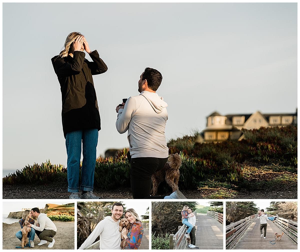 Surprise proposal with a dog on the Half Moon Bay coast